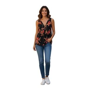 GUESS Womens Black Floral Chain Lace Up V-Neck Blouse Top M Q83H07R8PC0